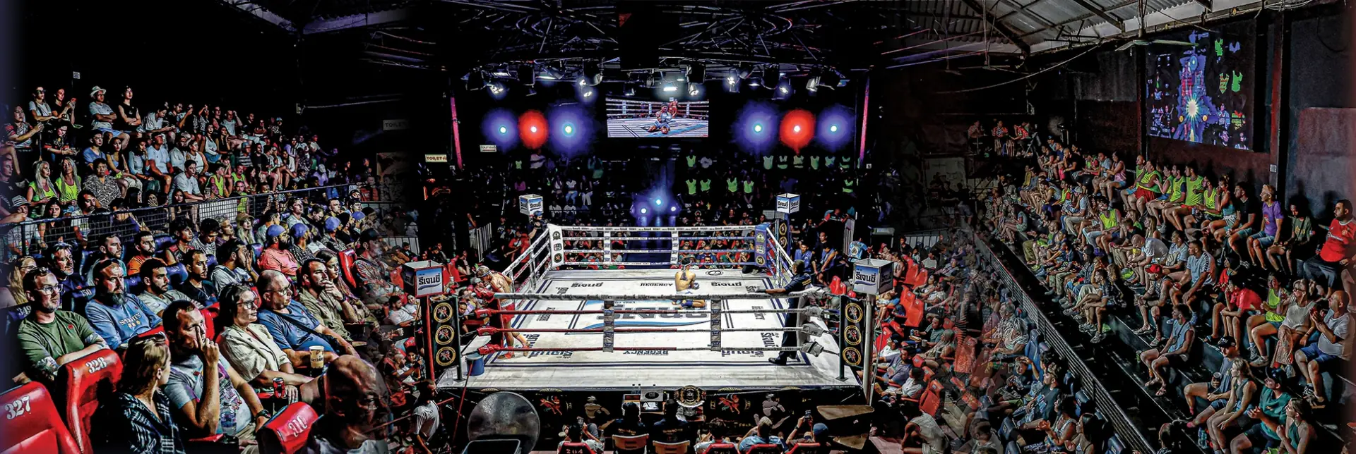 A full house at Patong Boxing Stadium with the ring lit for the night